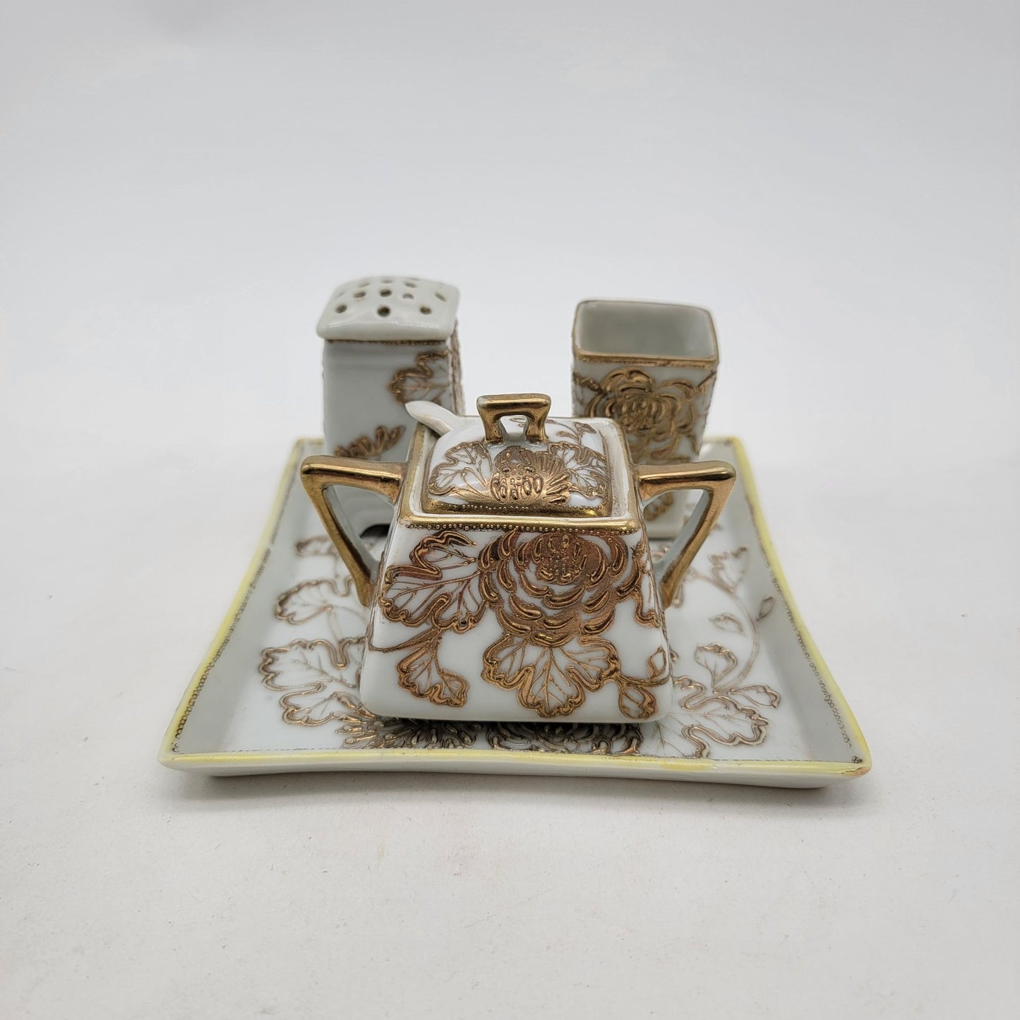 Antique Nagoya Shofu Nippon Porcelain Condiment Set Gold Gilded Floral Design 1890-1921