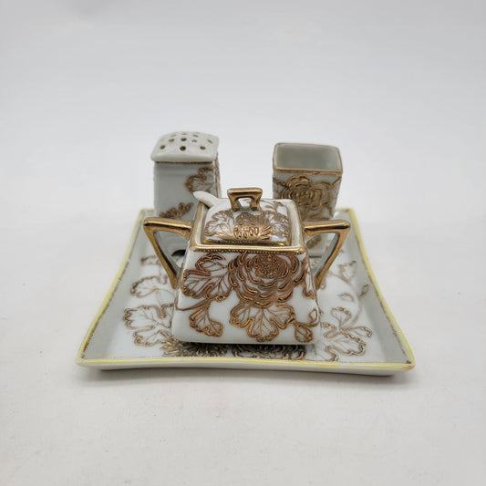 Antique Nagoya Shofu Nippon Porcelain Condiment Set Gold Gilded Floral Design 1890-1921