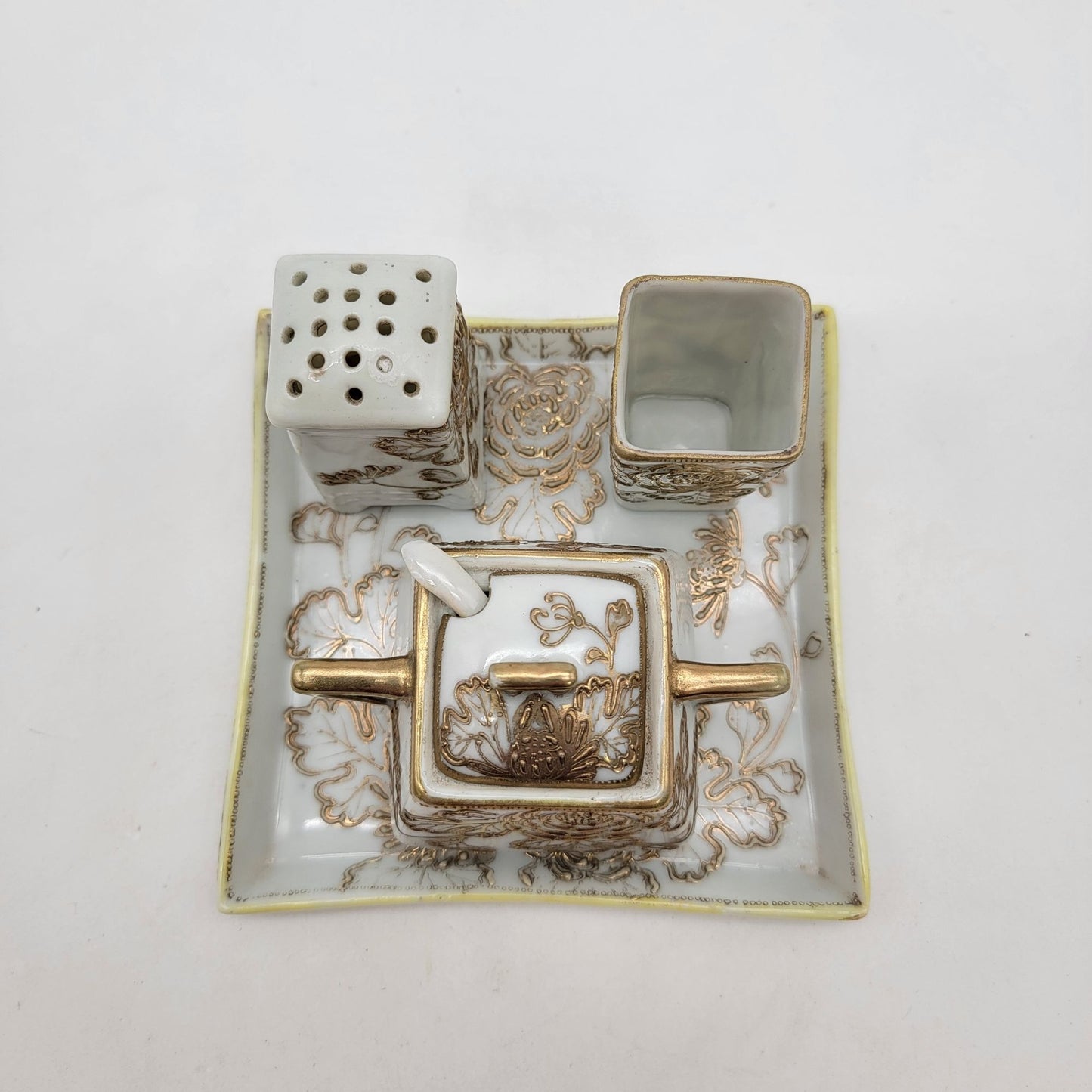 Antique Nagoya Shofu Nippon Porcelain Condiment Set Gold Gilded Floral Design 1890-1921