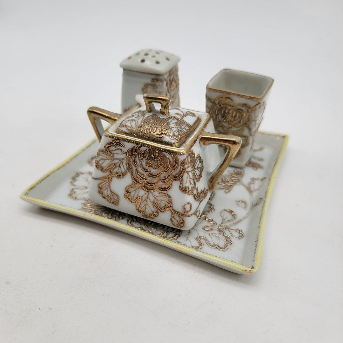 Antique Nagoya Shofu Nippon Porcelain Condiment Set Gold Gilded Floral Design 1890-1921