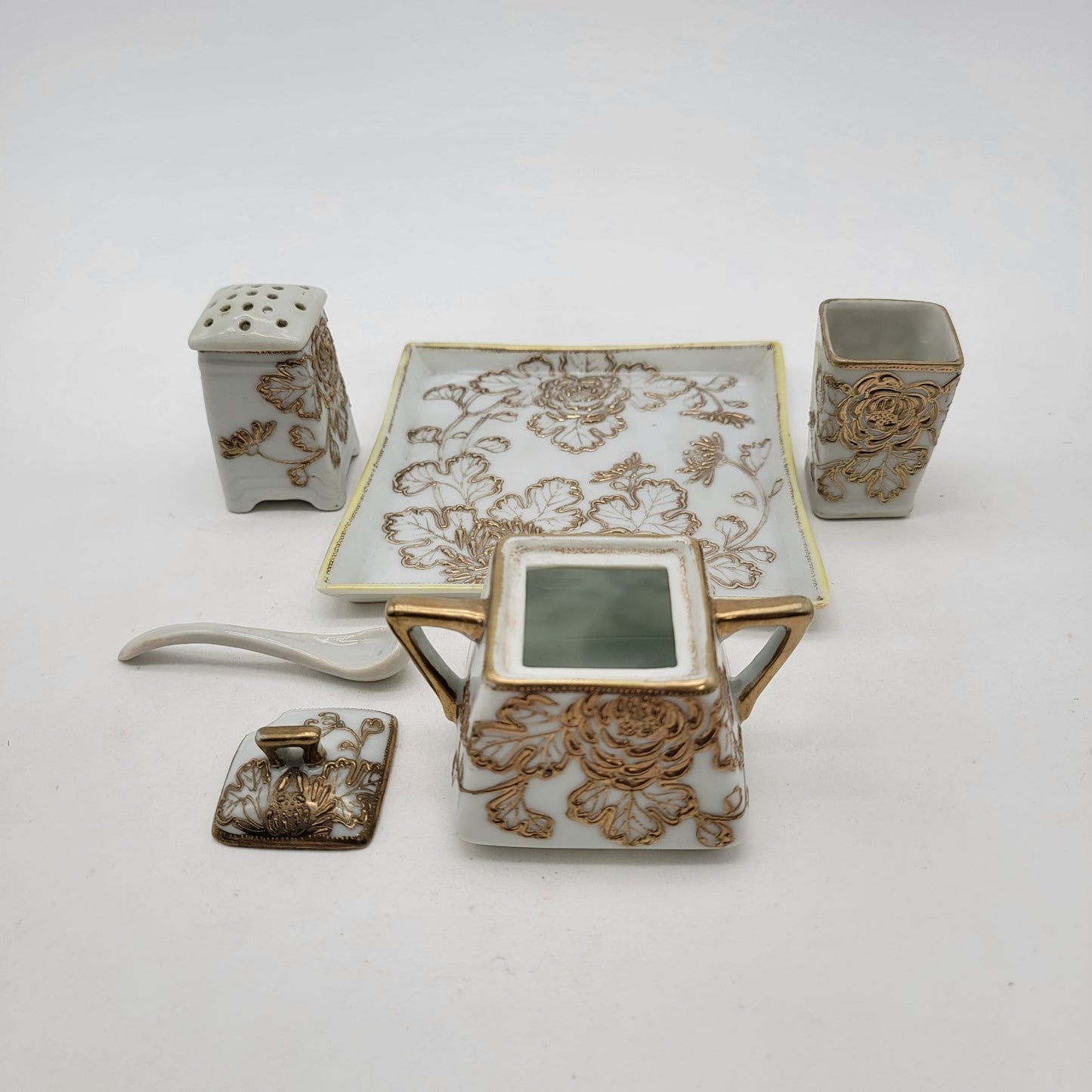 Antique Nagoya Shofu Nippon Porcelain Condiment Set Gold Gilded Floral Design 1890-1921