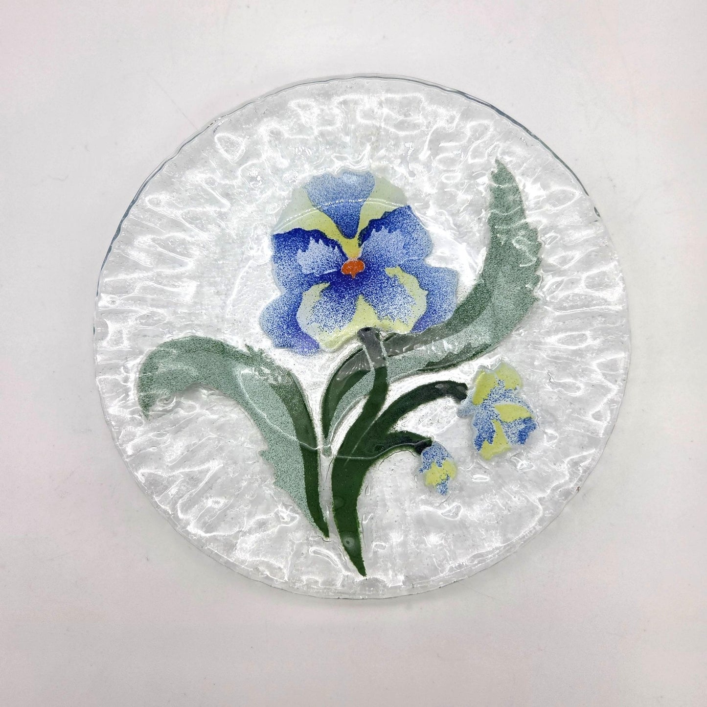 Sydenstricker Fused Glass Plate Blue Pansy Flower