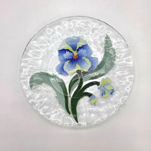 Sydenstricker Fused Glass Plate Blue Pansy Flower