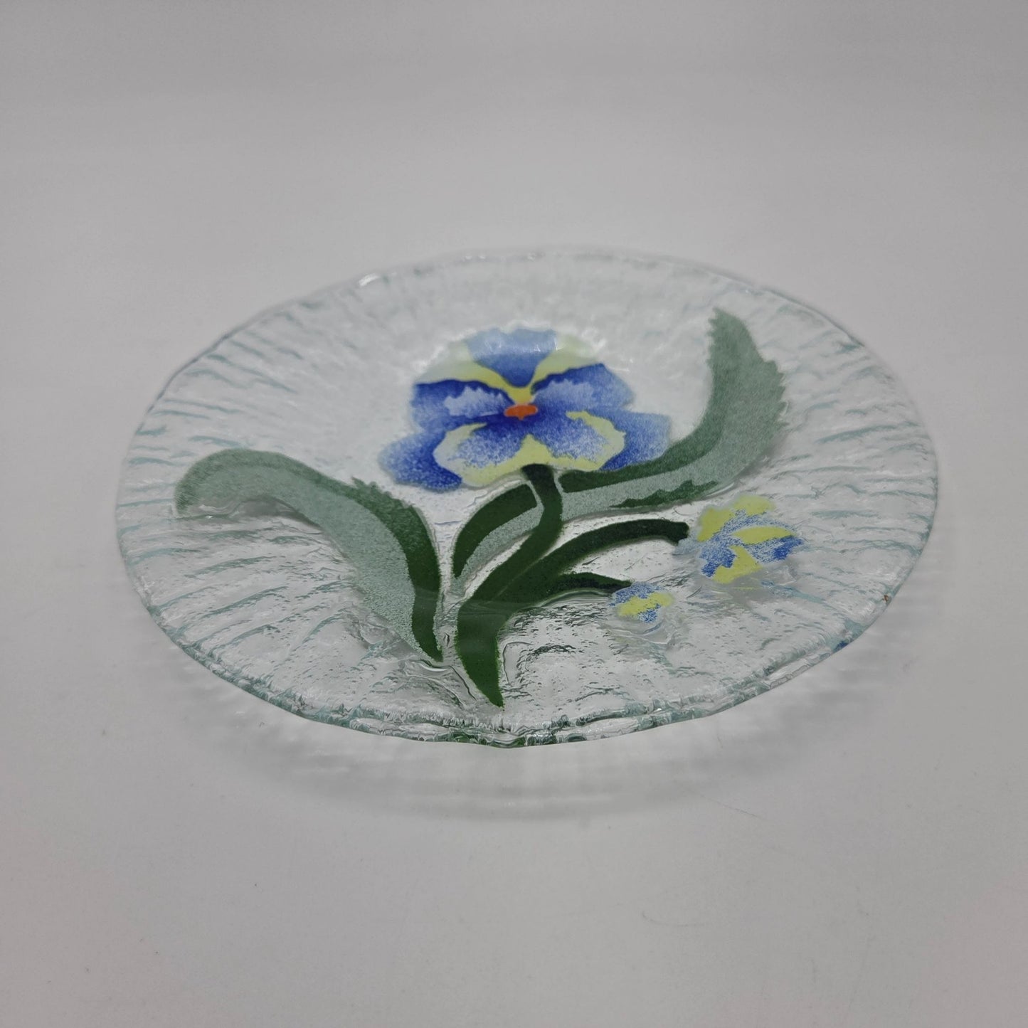 Sydenstricker Fused Glass Plate Blue Pansy Flower