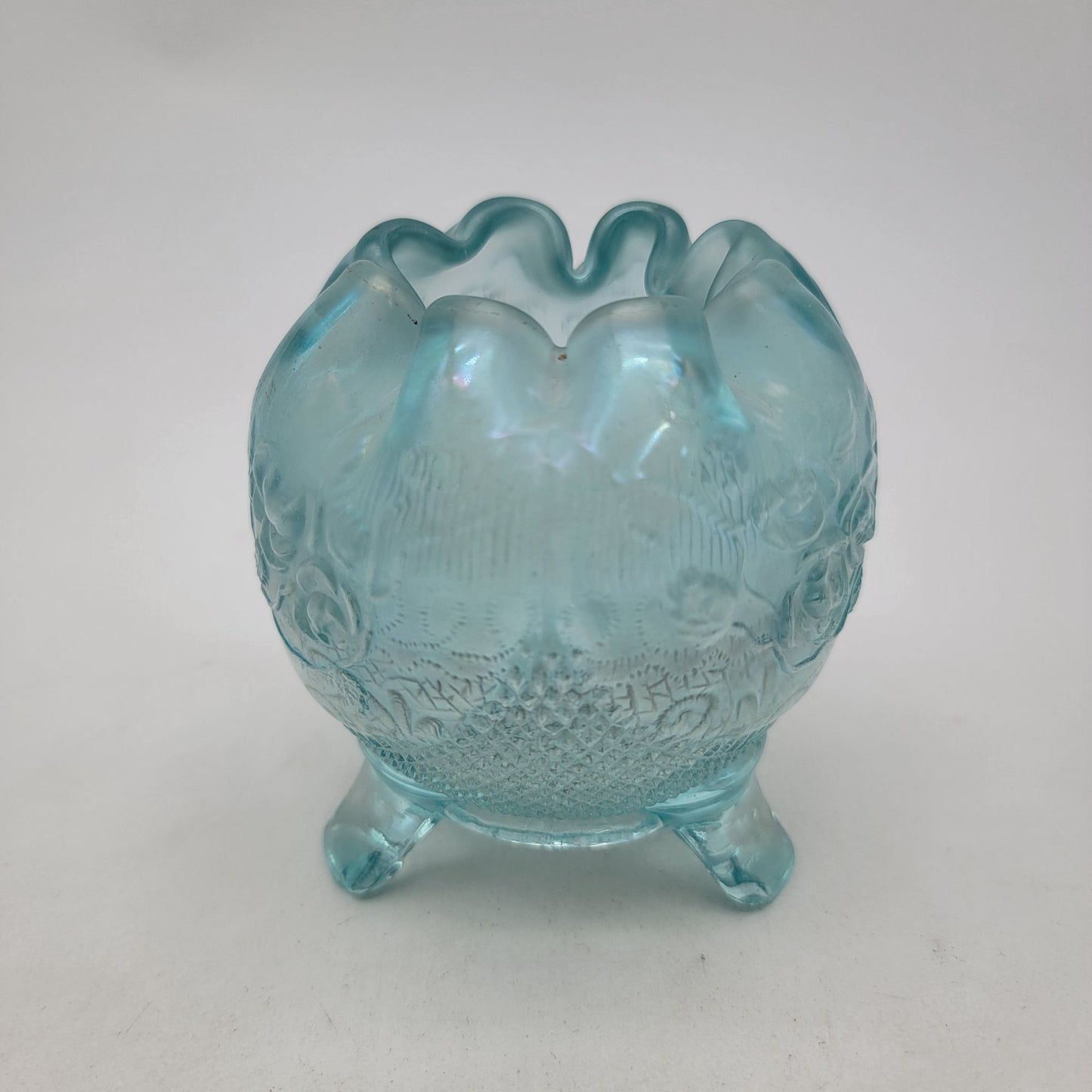 Antique Northwood Ice Blue Iridescent Glass Rose Bowl Fine Cut & Roses Pattern