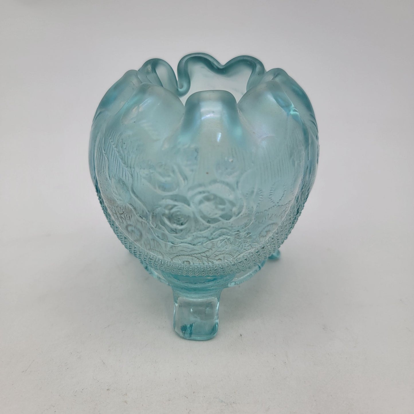 Antique Northwood Ice Blue Iridescent Glass Rose Bowl Fine Cut & Roses Pattern