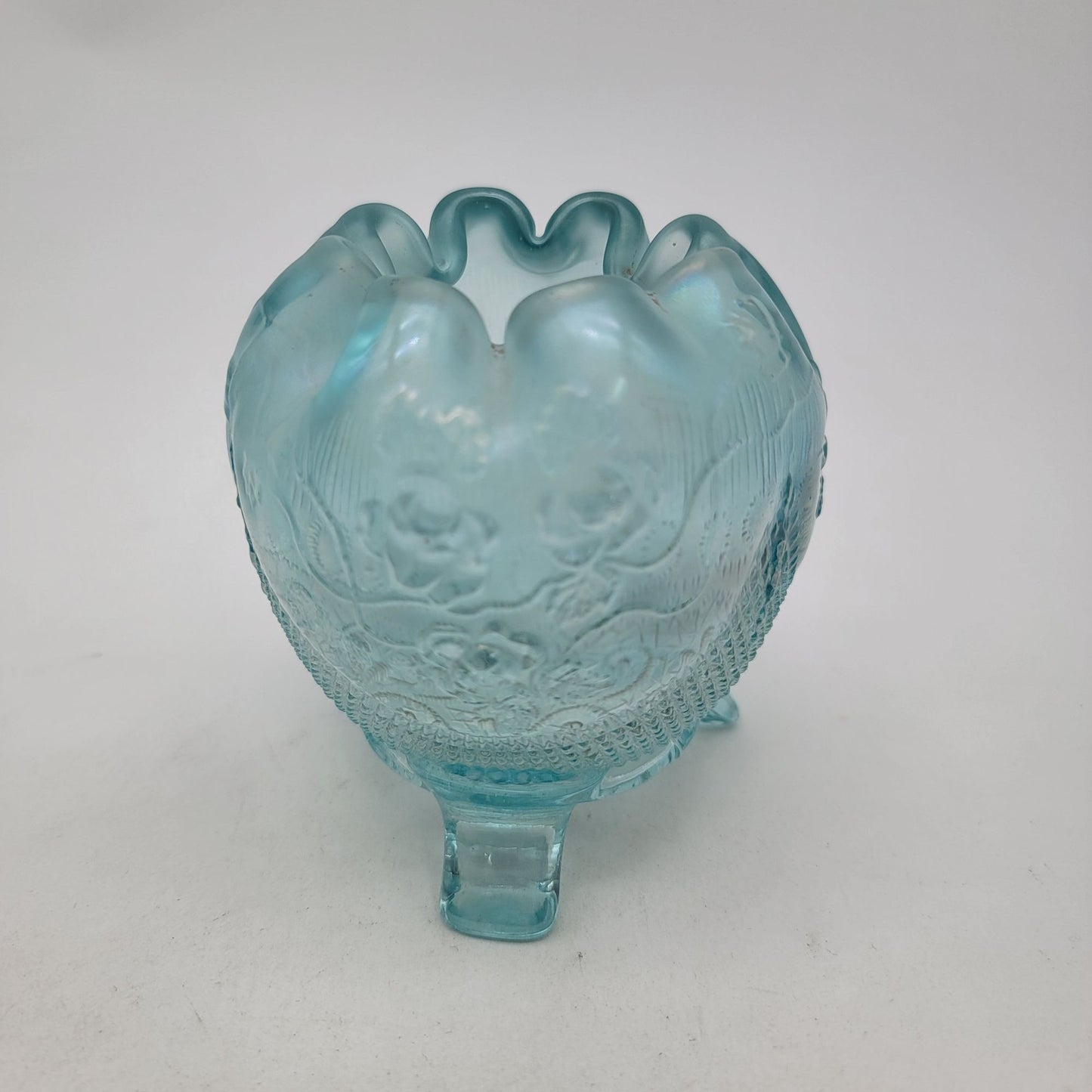 Antique Northwood Ice Blue Iridescent Glass Rose Bowl Fine Cut & Roses Pattern