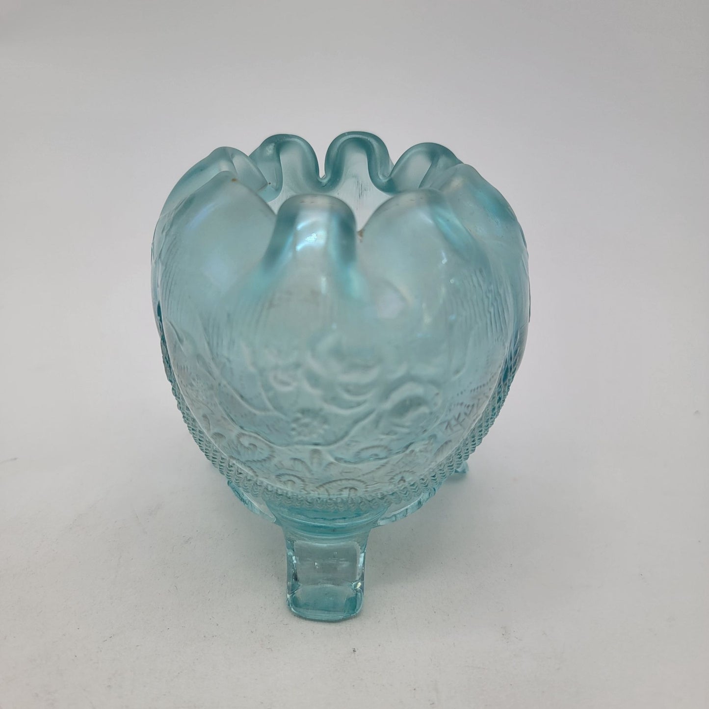 Antique Northwood Ice Blue Iridescent Glass Rose Bowl Fine Cut & Roses Pattern