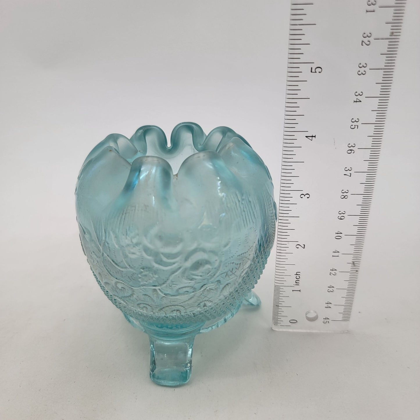 Antique Northwood Ice Blue Iridescent Glass Rose Bowl Fine Cut & Roses Pattern