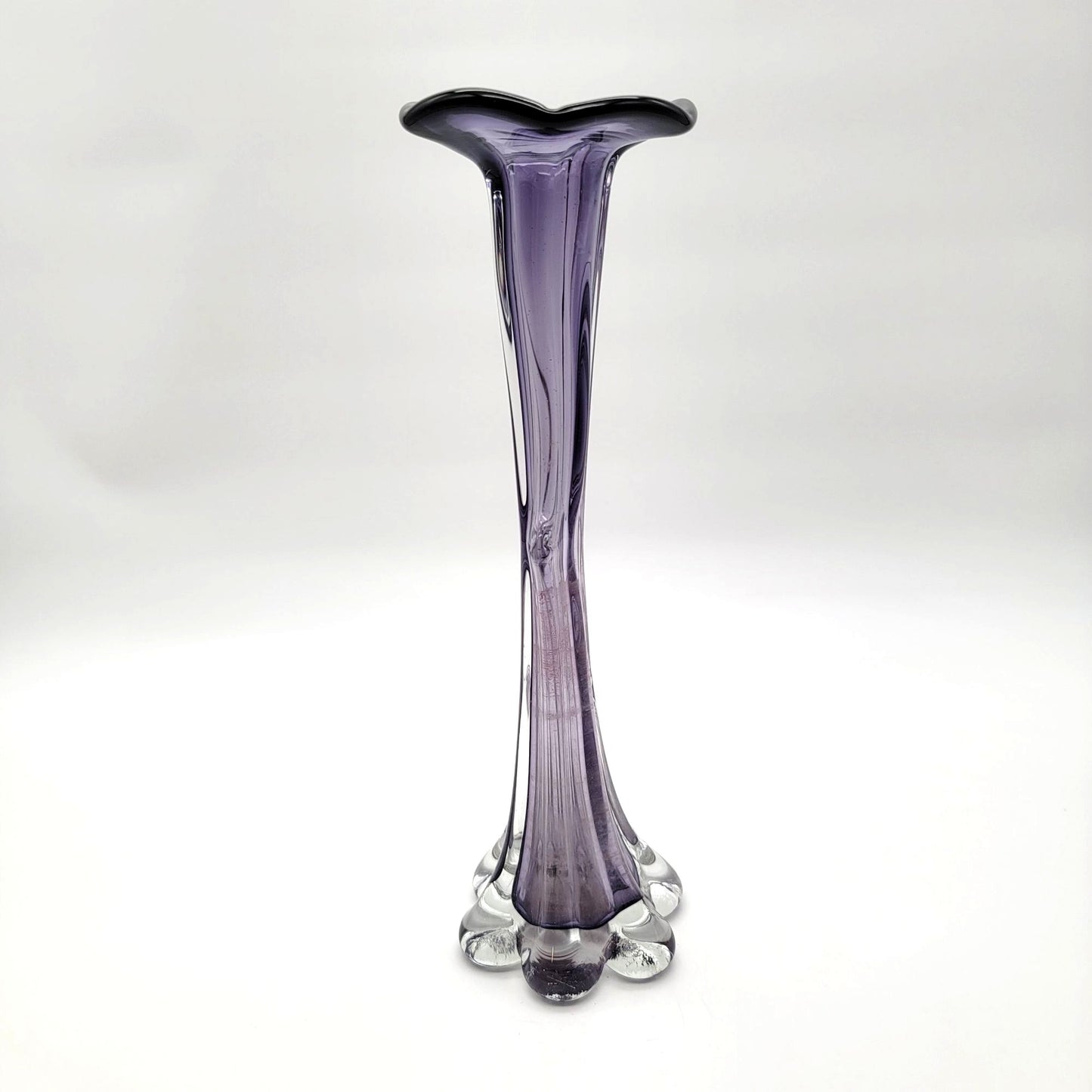 Mid-Century Modern Amethyst Art Glass Tree Trunk 6-Petal Swung Vase