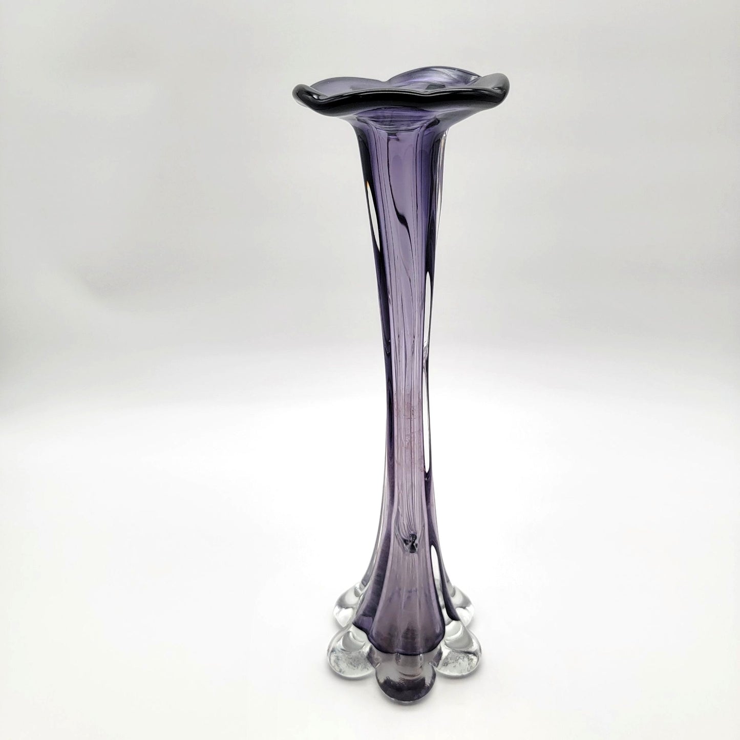 Mid-Century Modern Amethyst Art Glass Tree Trunk 6-Petal Swung Vase