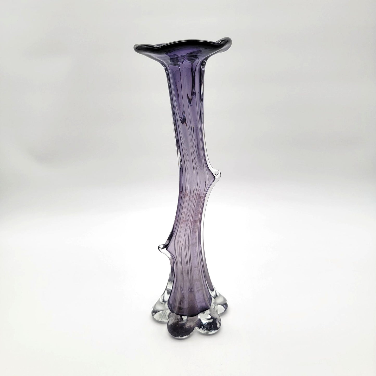 Mid-Century Modern Amethyst Art Glass Tree Trunk 6-Petal Swung Vase