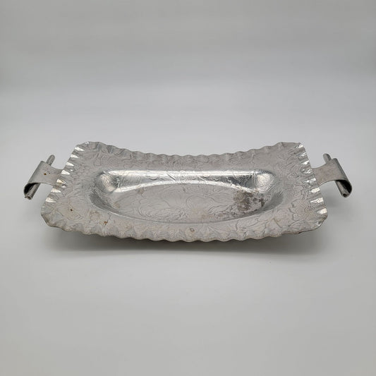 Vintage 1950s Aluminum Serving Tray Floral & Fruit Embossed Rolled Handles