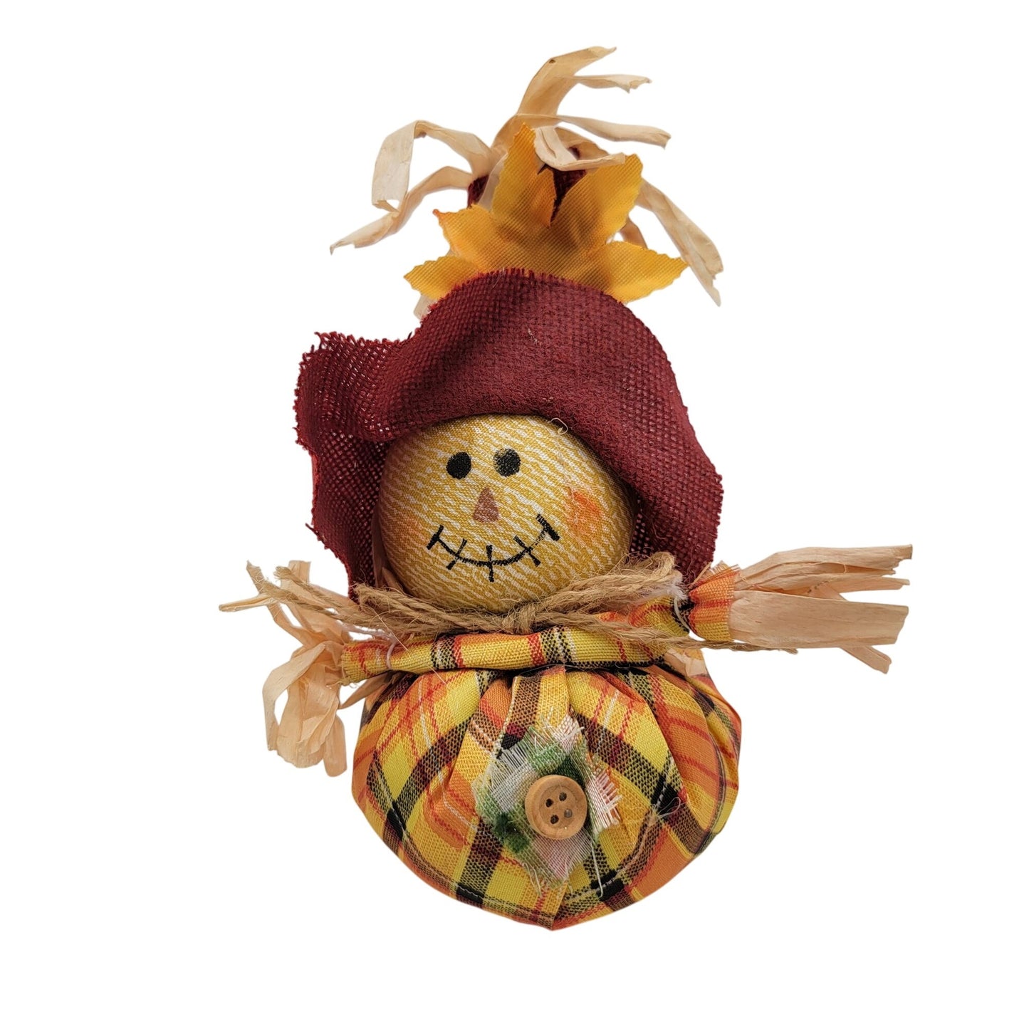 Small Rustic Scarecrow Fall Decoration With Plaid Fabric & Straw Accents