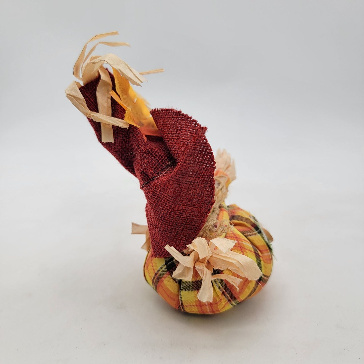 Small Rustic Scarecrow Fall Decoration With Plaid Fabric & Straw Accents