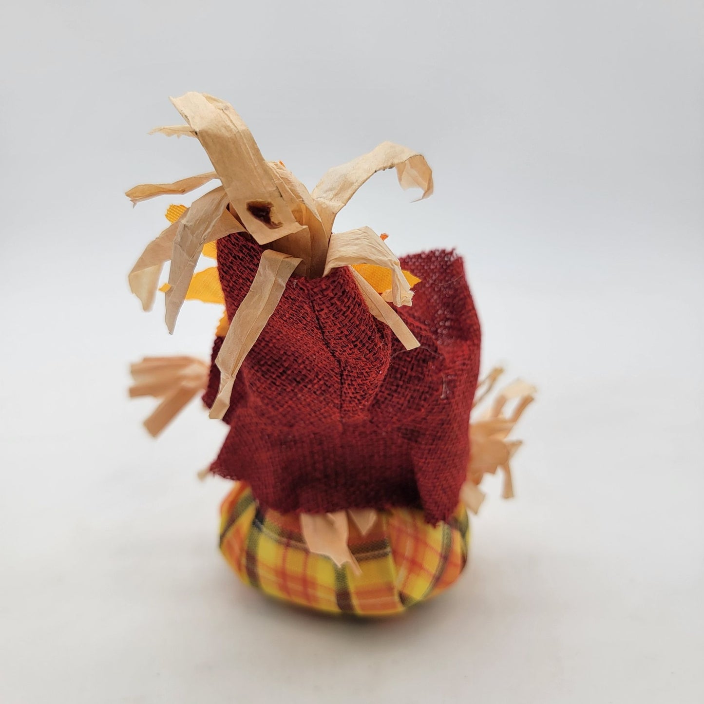 Small Rustic Scarecrow Fall Decoration With Plaid Fabric & Straw Accents