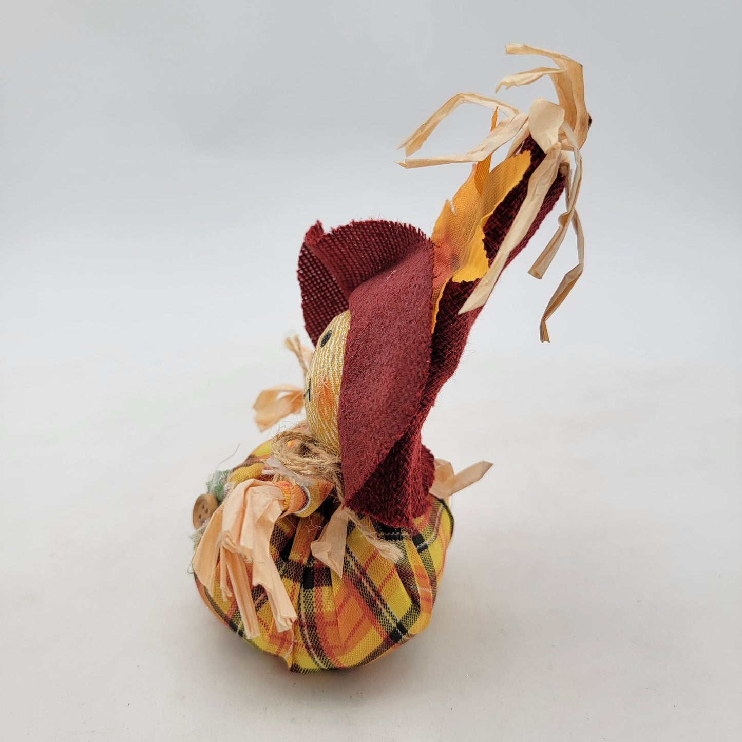 Small Rustic Scarecrow Fall Decoration With Plaid Fabric & Straw Accents