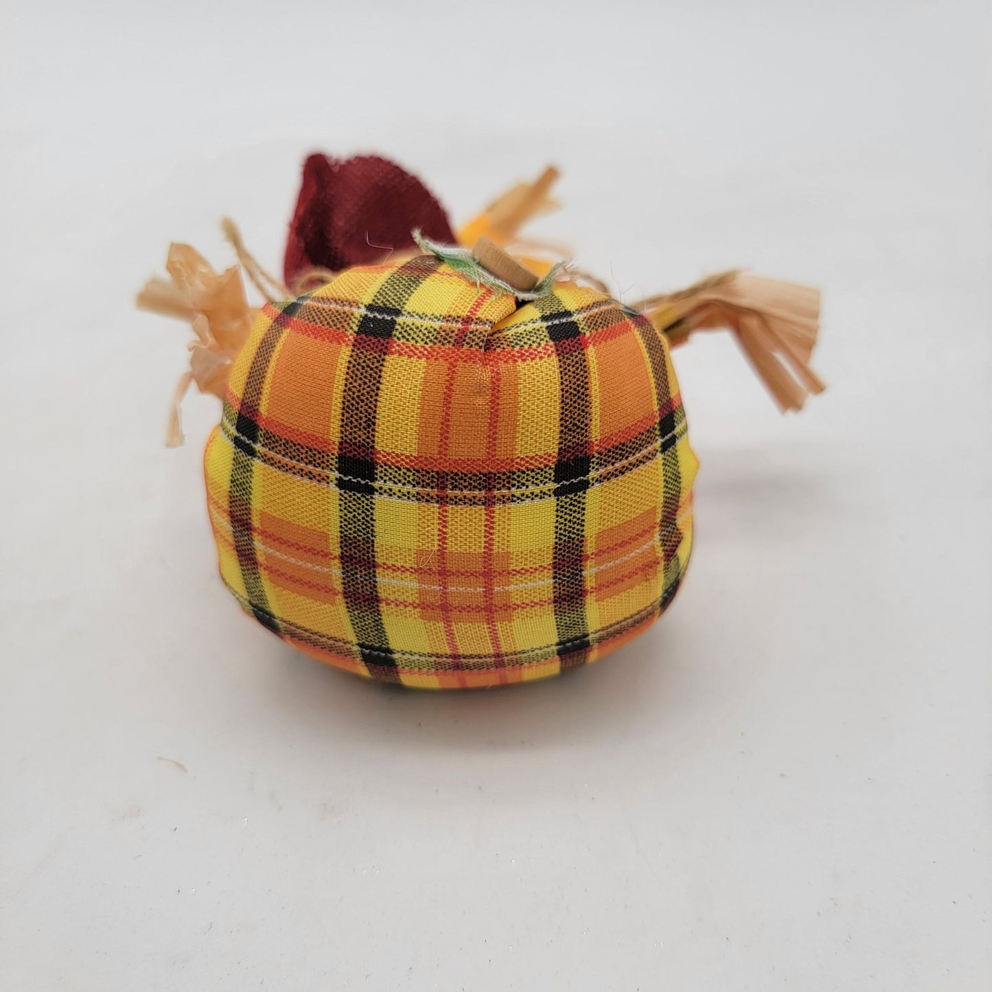 Small Rustic Scarecrow Fall Decoration With Plaid Fabric & Straw Accents