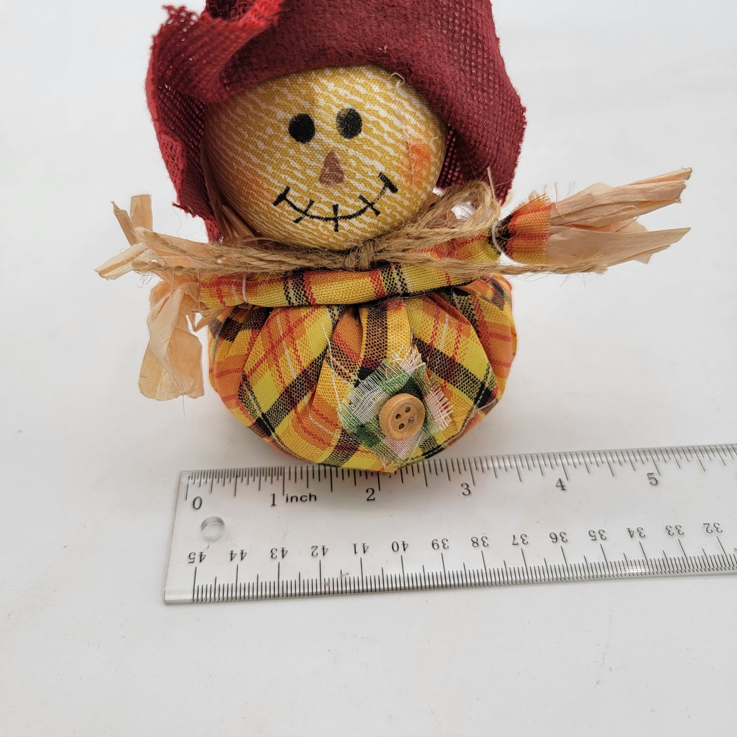 Small Rustic Scarecrow Fall Decoration With Plaid Fabric & Straw Accents