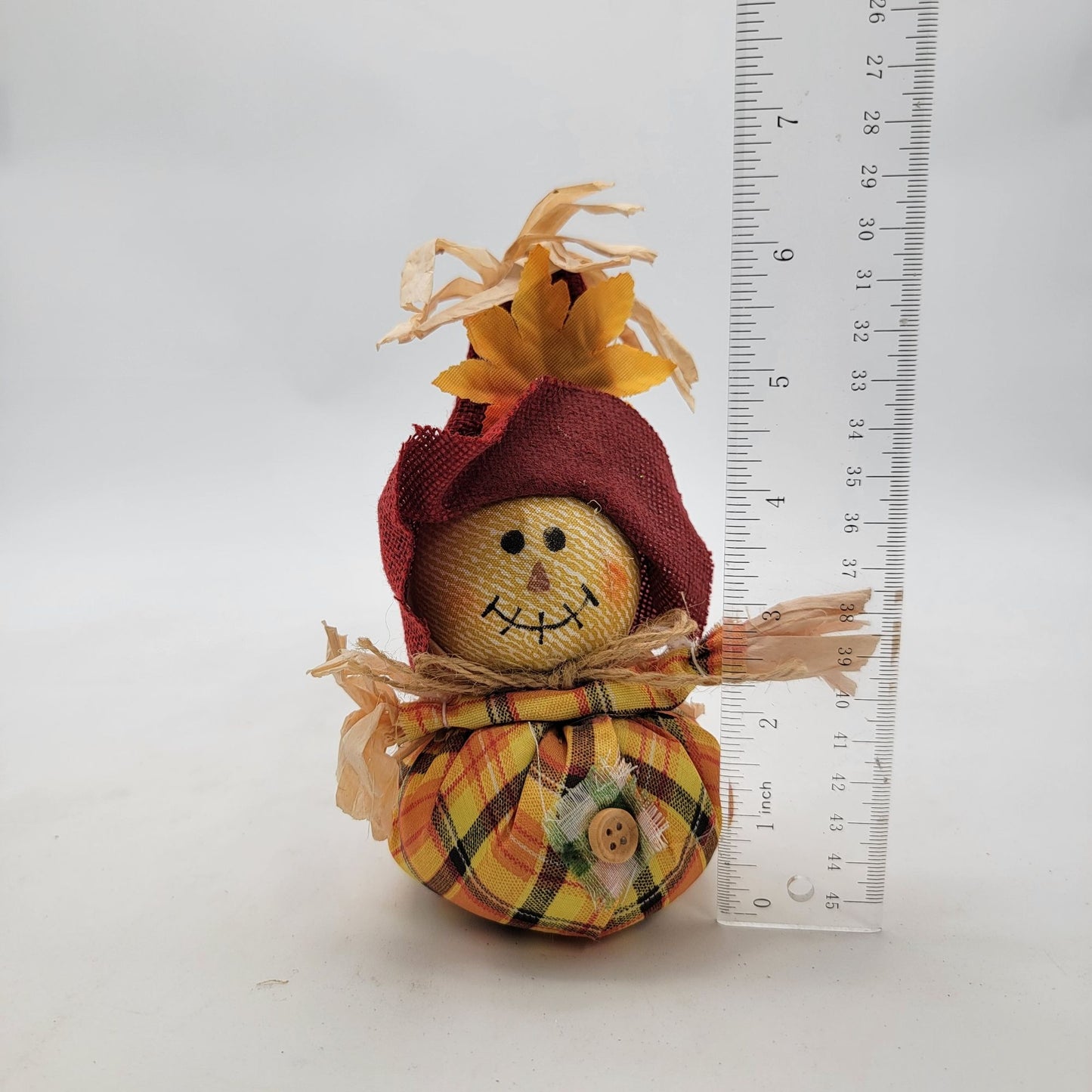 Small Rustic Scarecrow Fall Decoration With Plaid Fabric & Straw Accents