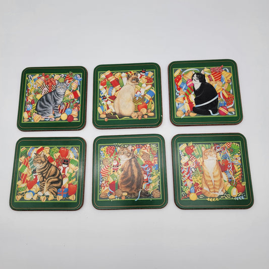 Pimpernel Christmas Cat Coasters Set Of 6 Cork Back