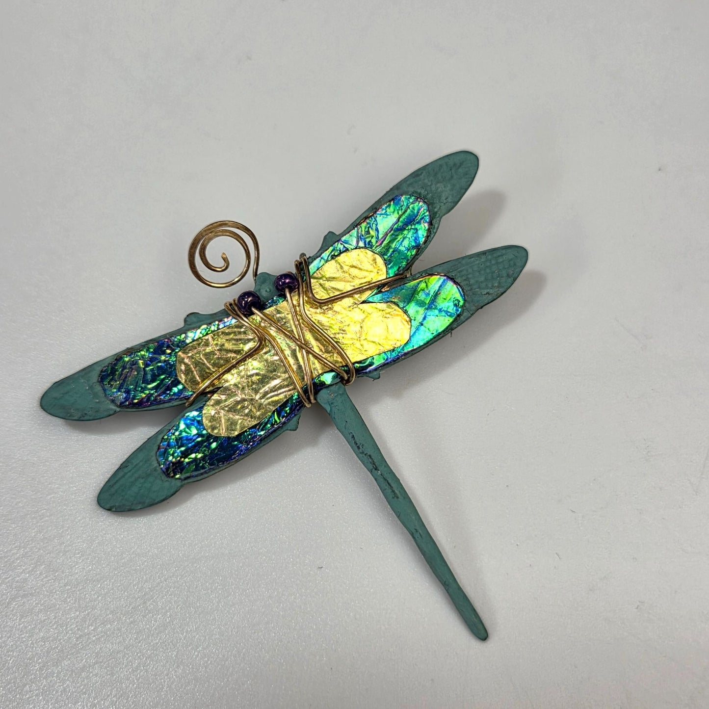 Artisan Dragonfly Brooch  With Iridescent Foil Wings