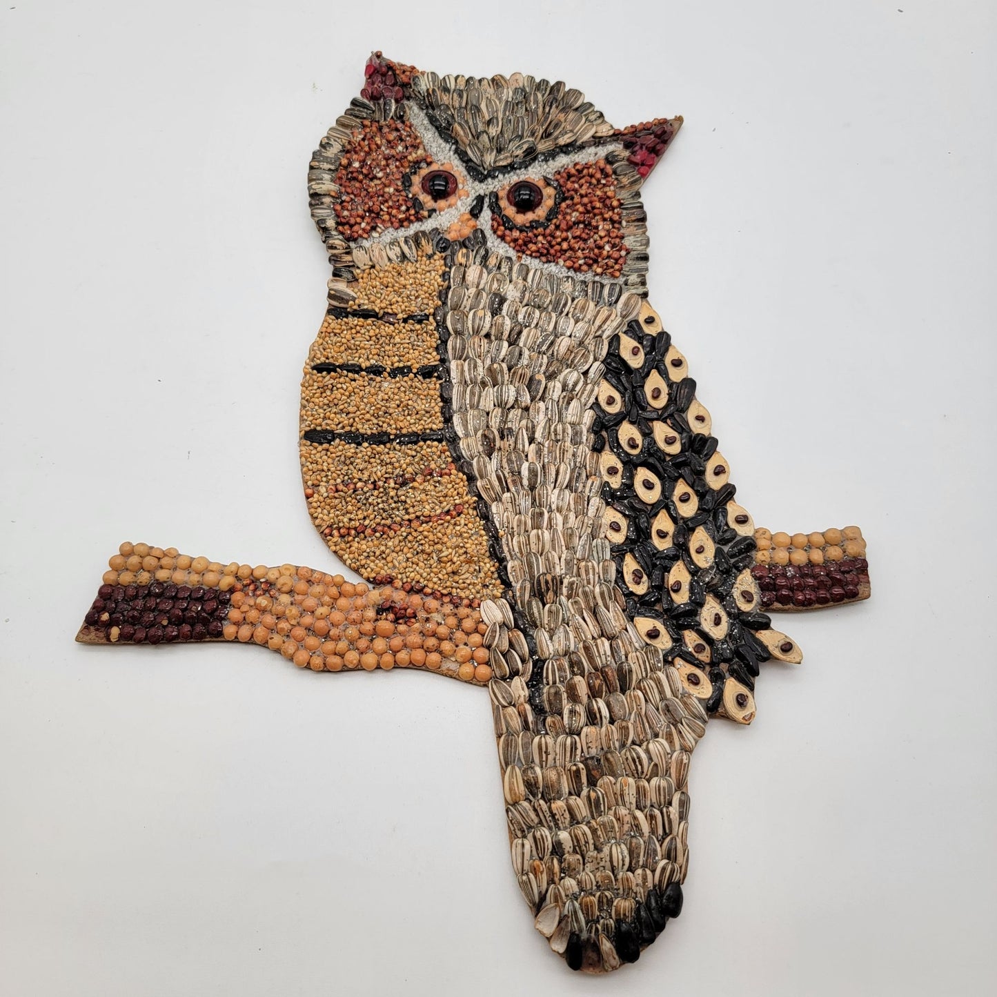 Vintage Seed Mosaic Owl Kitsch Art Wall Hanging