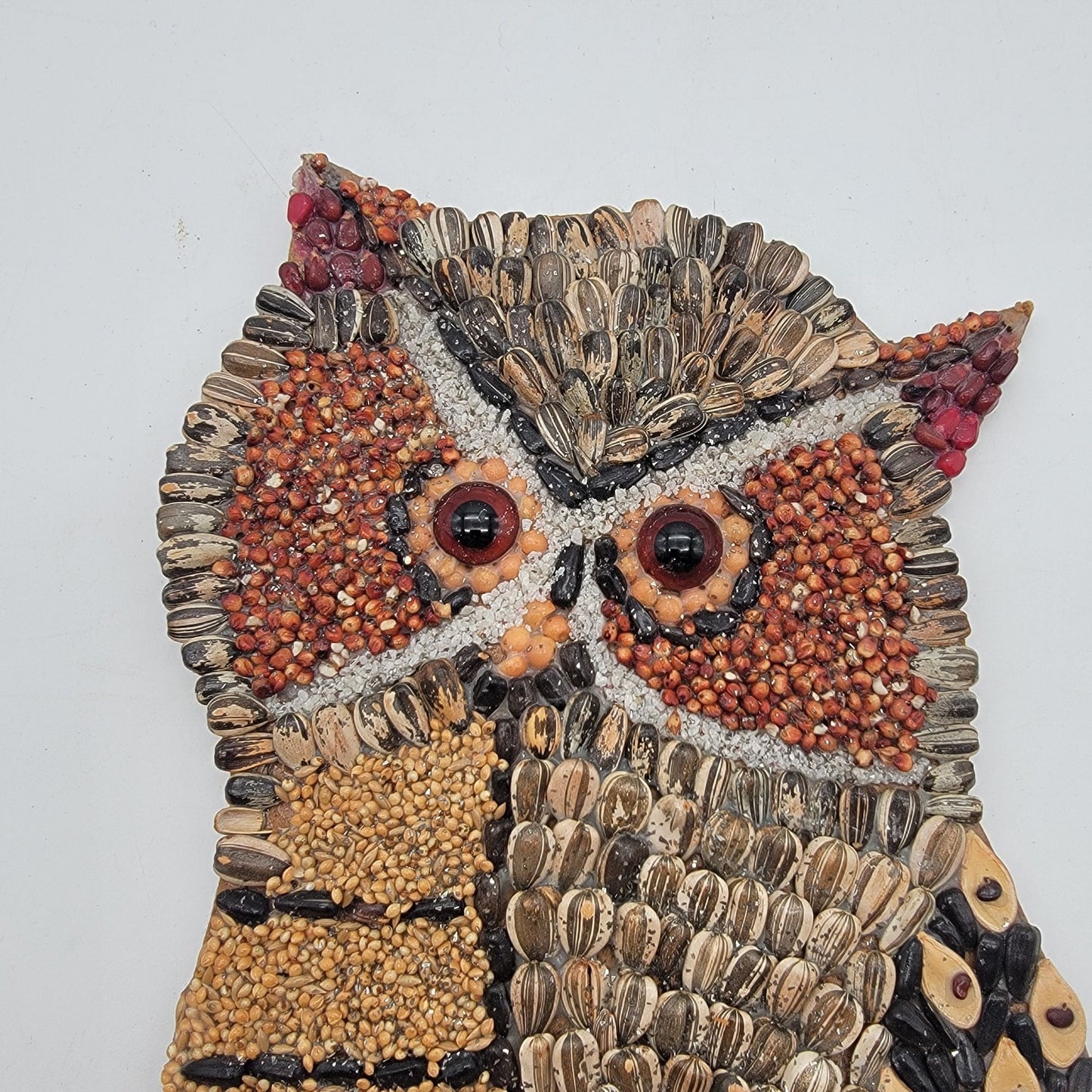 Vintage Seed Mosaic Owl Kitsch Art Wall Hanging