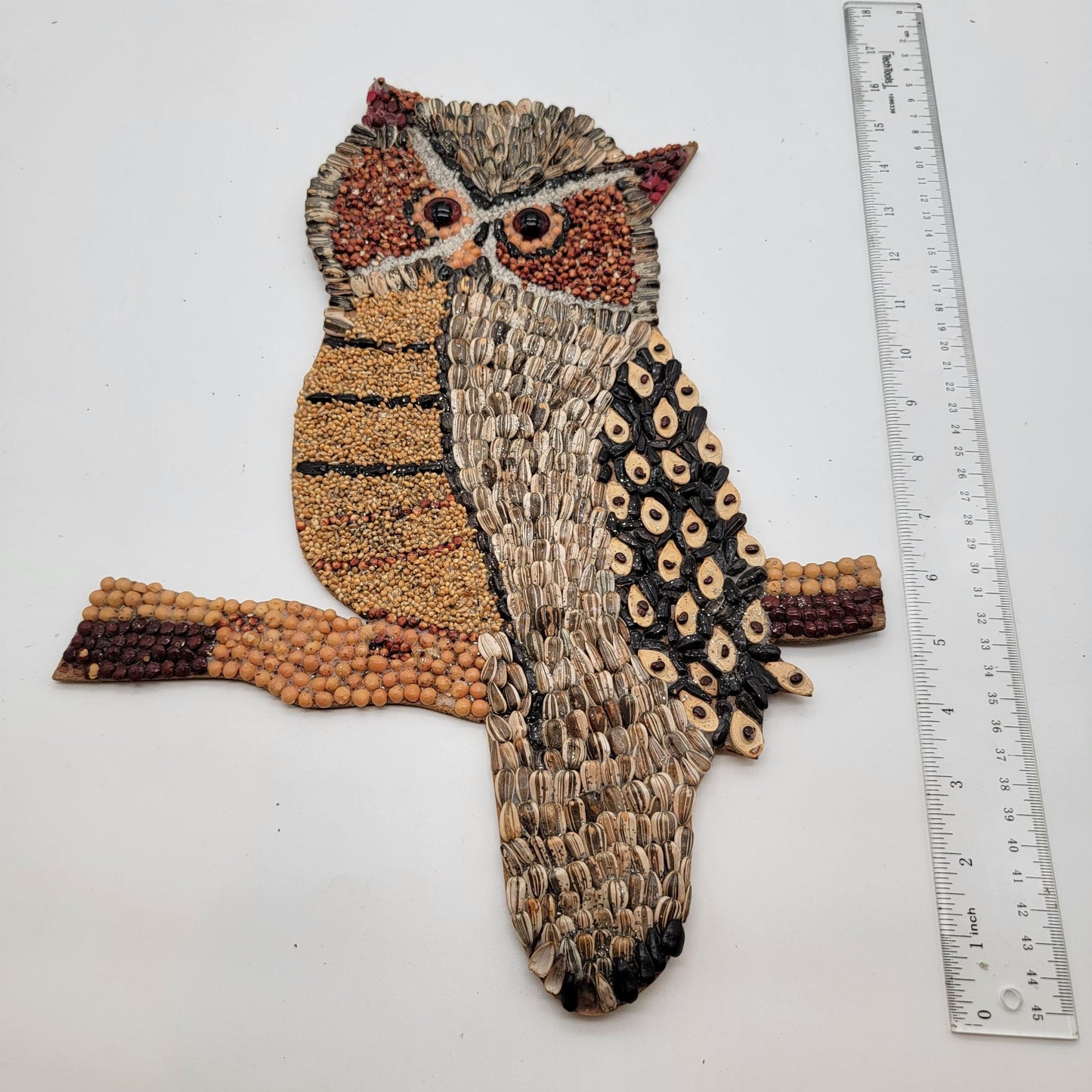 Vintage Seed Mosaic Owl Kitsch Art Wall Hanging