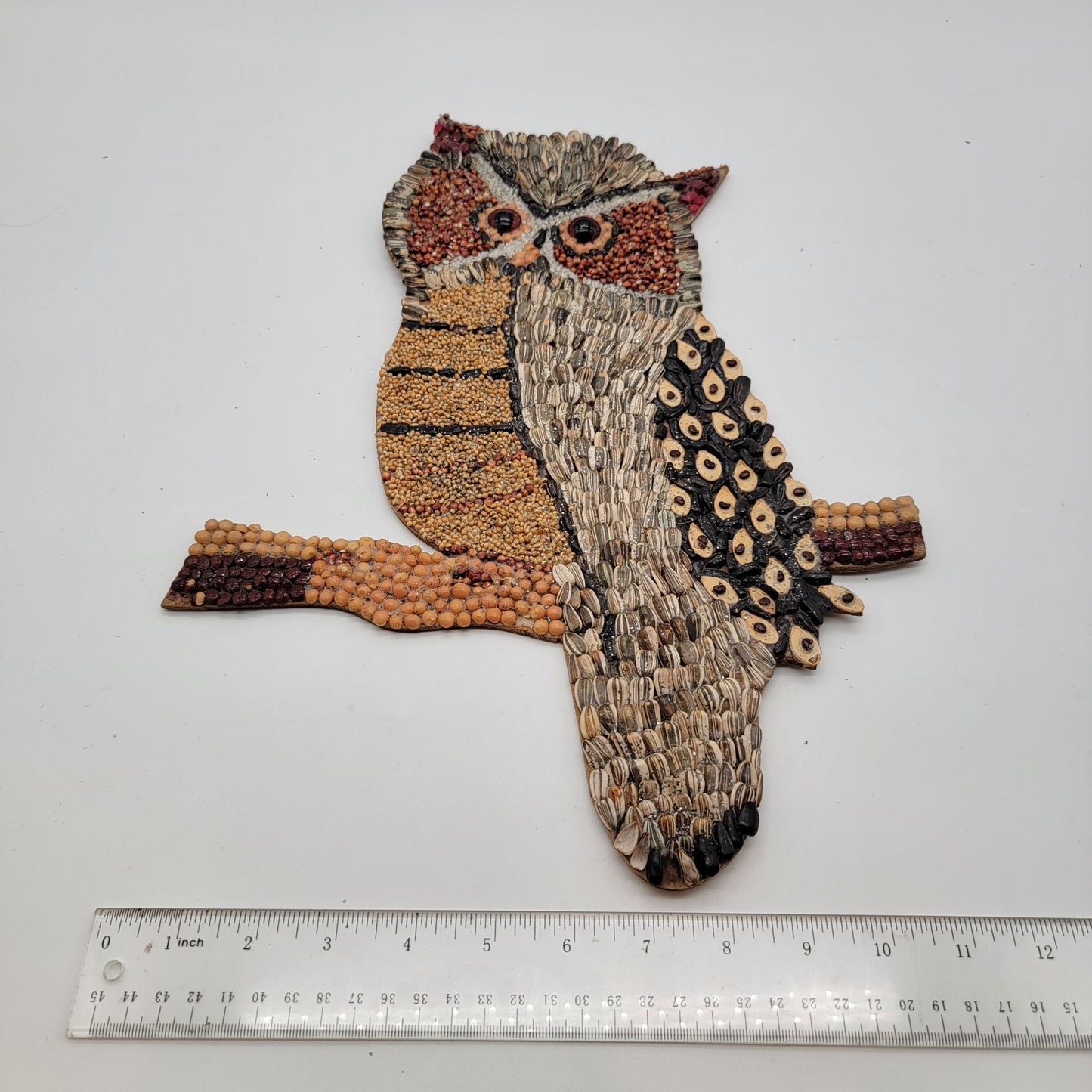 Vintage Seed Mosaic Owl Kitsch Art Wall Hanging
