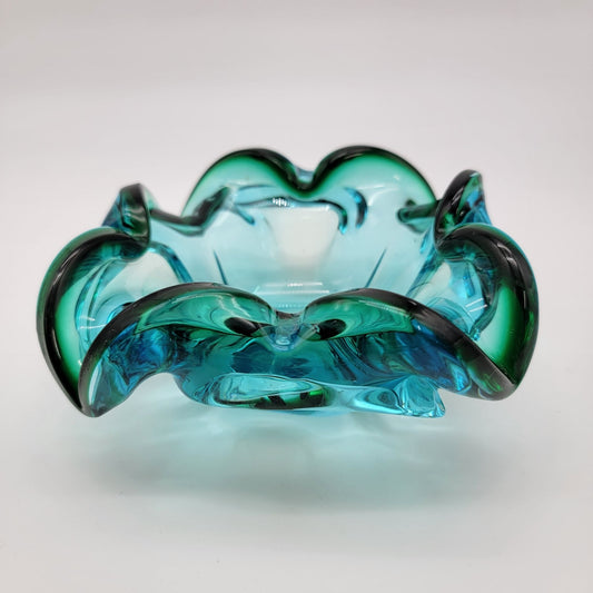Vintage Mid Century Murano Sommerso Blue Green Art Glass Bowl Ashtray