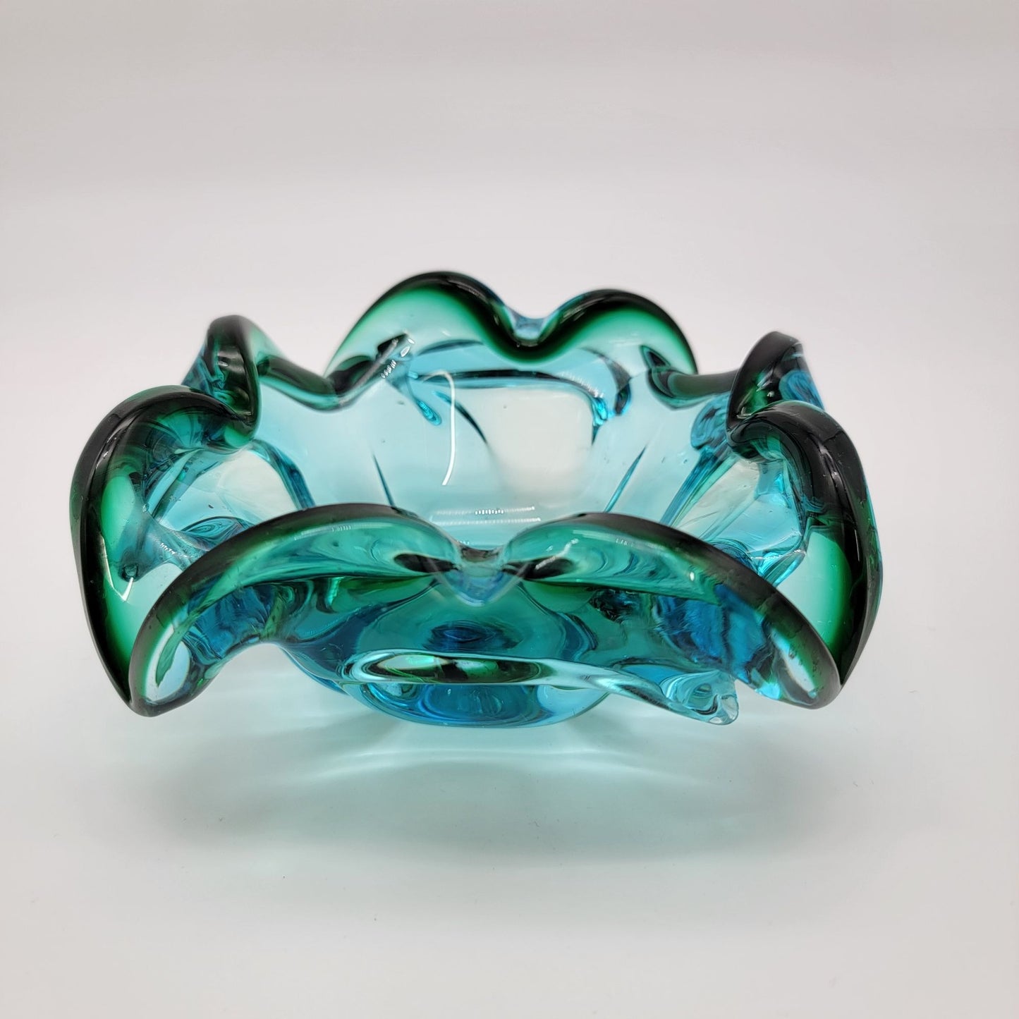Vintage Mid Century Murano Sommerso Blue Green Art Glass Bowl Ashtray