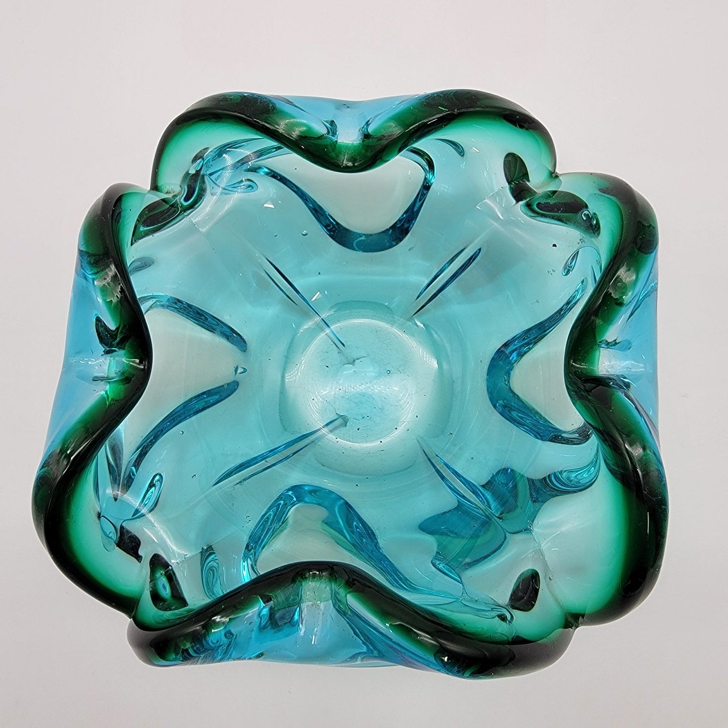 Vintage Mid Century Murano Sommerso Blue Green Art Glass Bowl Ashtray