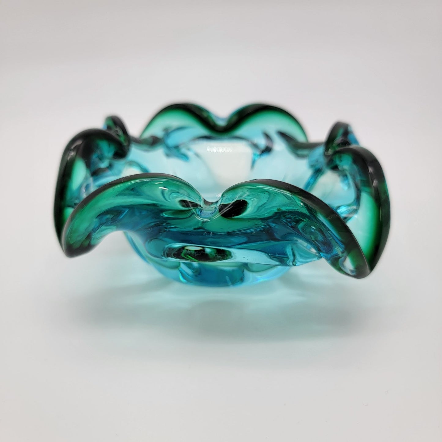 Vintage Mid Century Murano Sommerso Blue Green Art Glass Bowl Ashtray