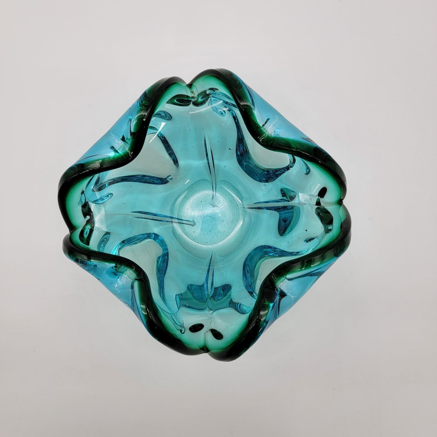 Vintage Mid Century Murano Sommerso Blue Green Art Glass Bowl Ashtray