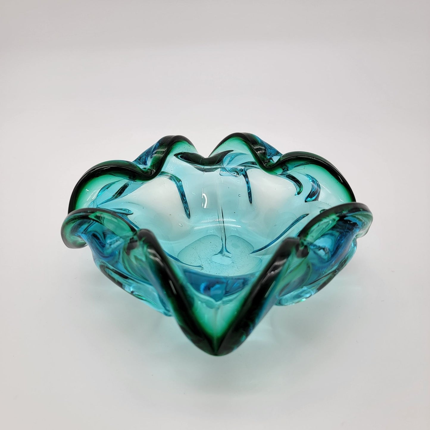 Vintage Mid Century Murano Sommerso Blue Green Art Glass Bowl Ashtray
