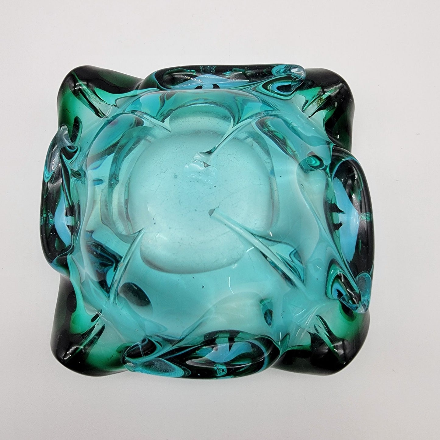 Vintage Mid Century Murano Sommerso Blue Green Art Glass Bowl Ashtray