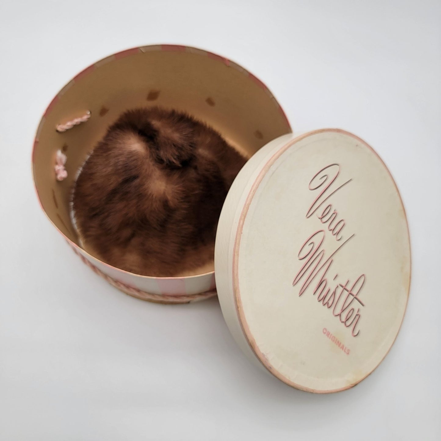 Vintage Vera Whistler Mink Fur Cloche Hat With Original Pink & White Striped Hat Box