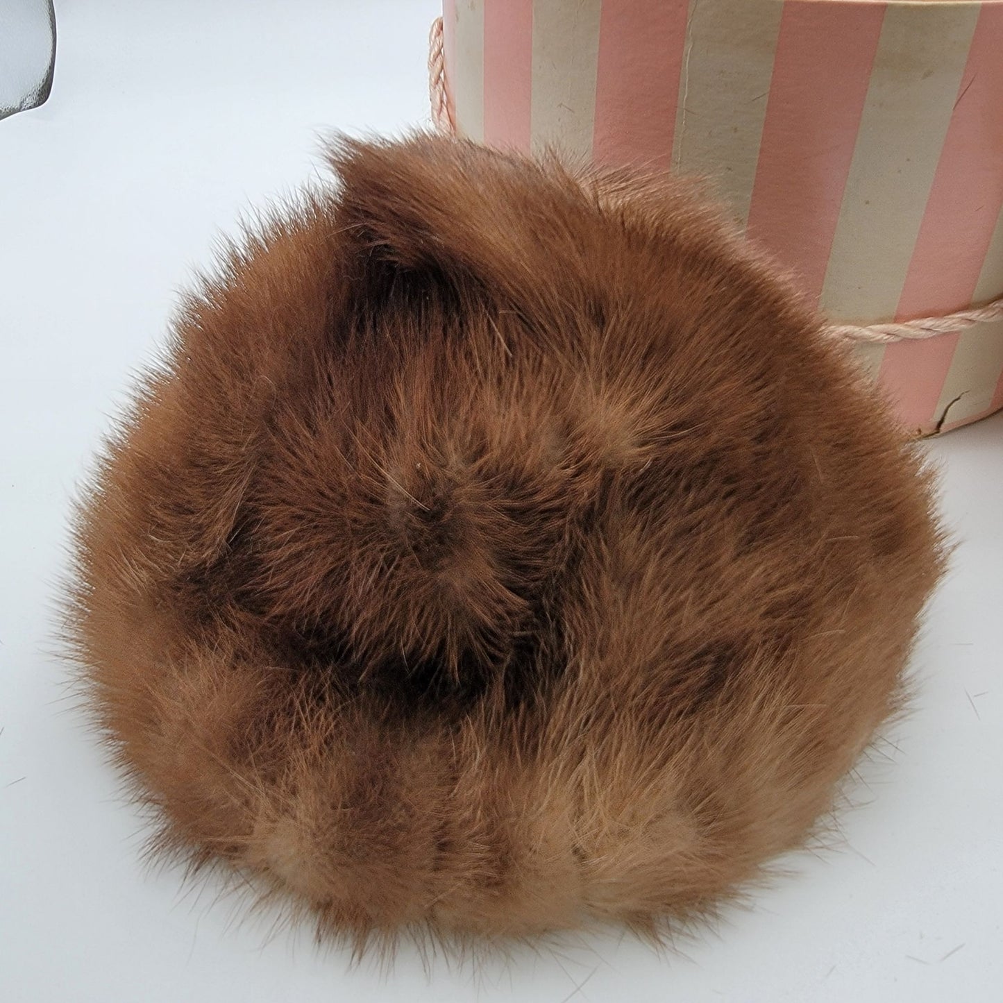 Vintage Vera Whistler Mink Fur Cloche Hat With Original Pink & White Striped Hat Box