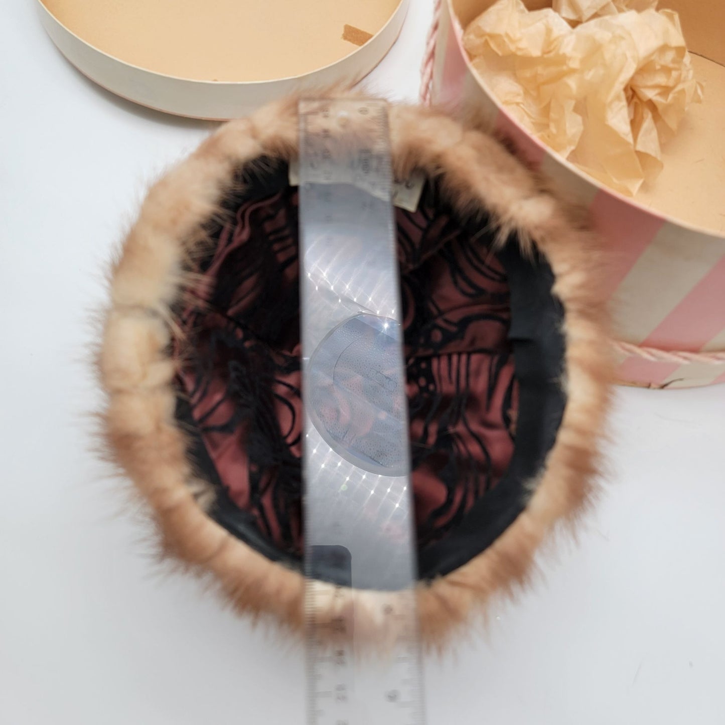 Vintage Vera Whistler Mink Fur Cloche Hat With Original Pink & White Striped Hat Box