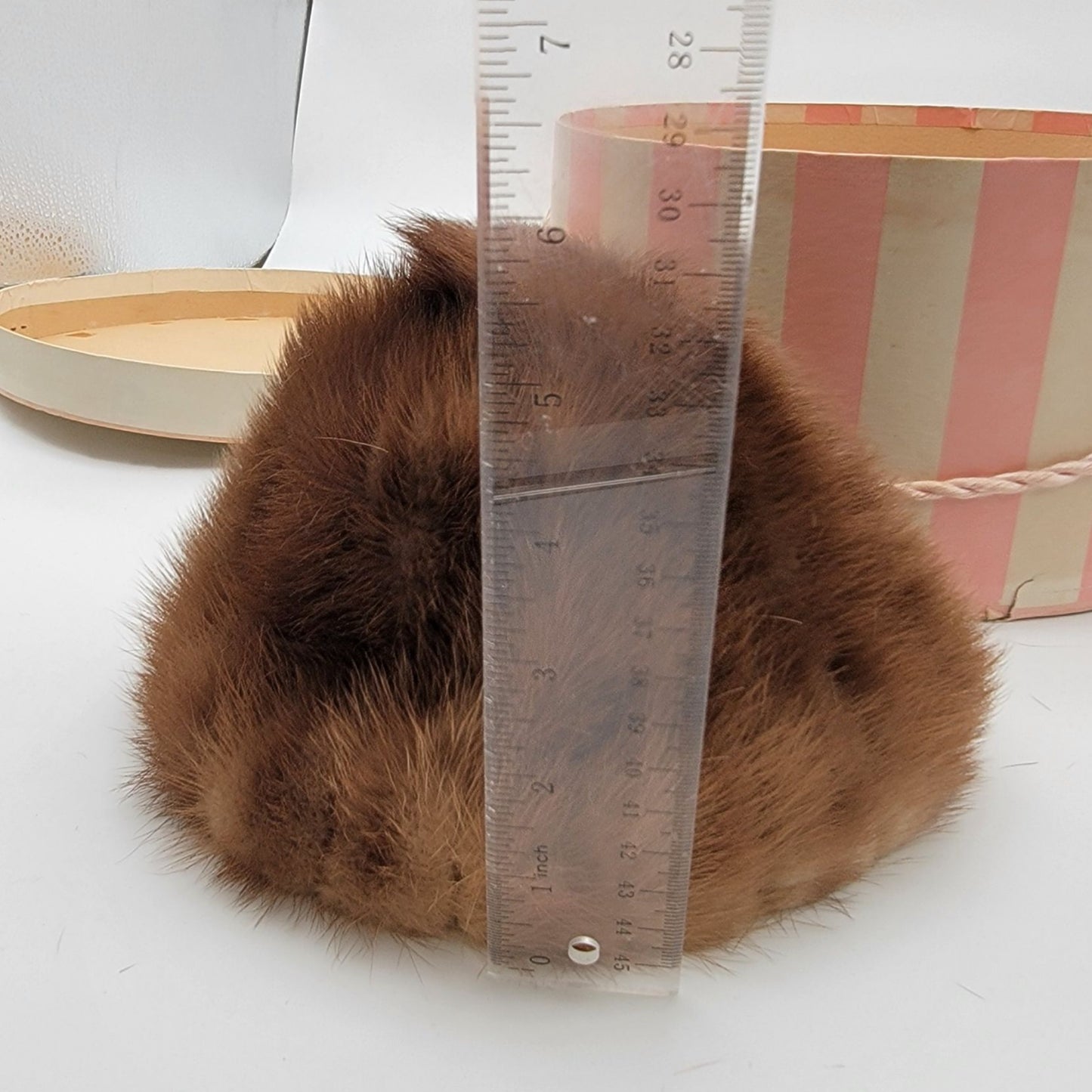 Vintage Vera Whistler Mink Fur Cloche Hat With Original Pink & White Striped Hat Box