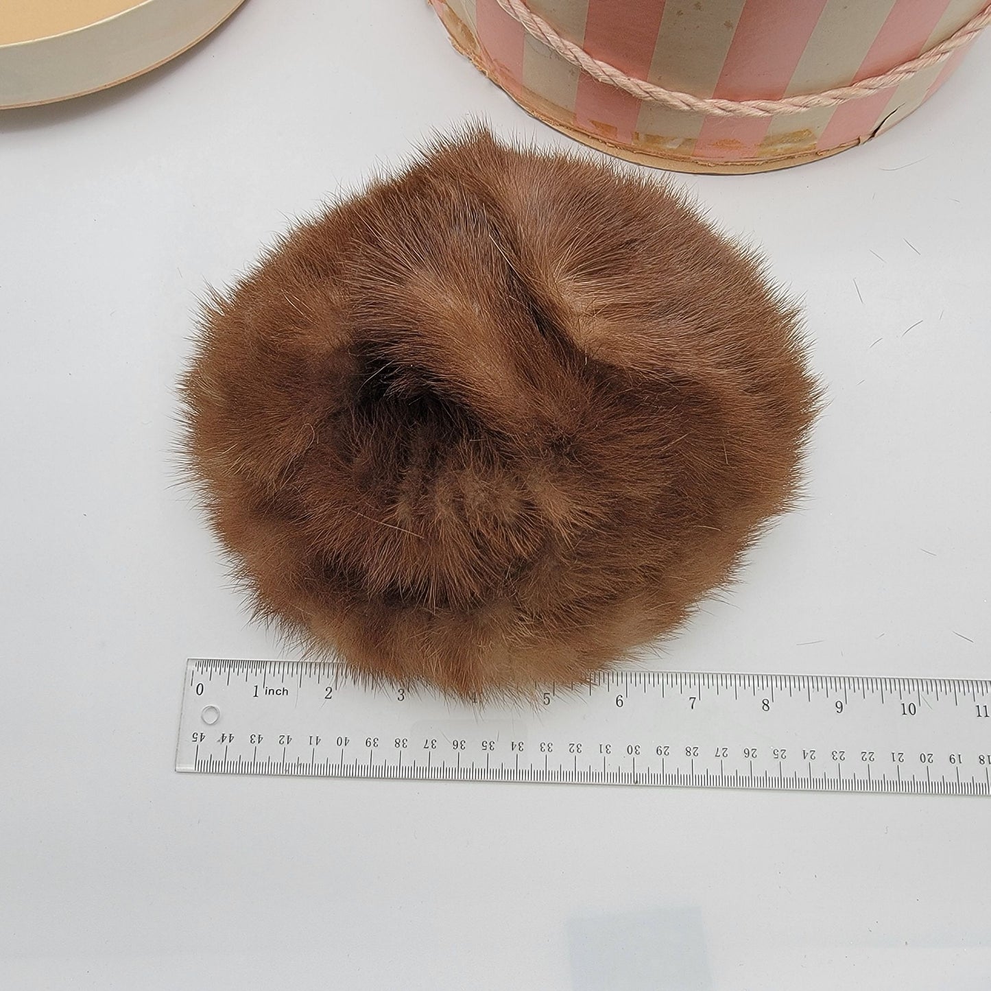 Vintage Vera Whistler Mink Fur Cloche Hat With Original Pink & White Striped Hat Box