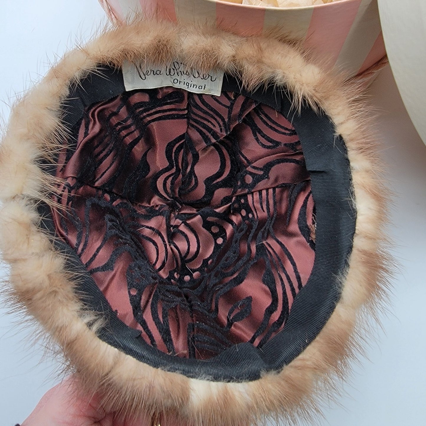 Vintage Vera Whistler Mink Fur Cloche Hat With Original Pink & White Striped Hat Box