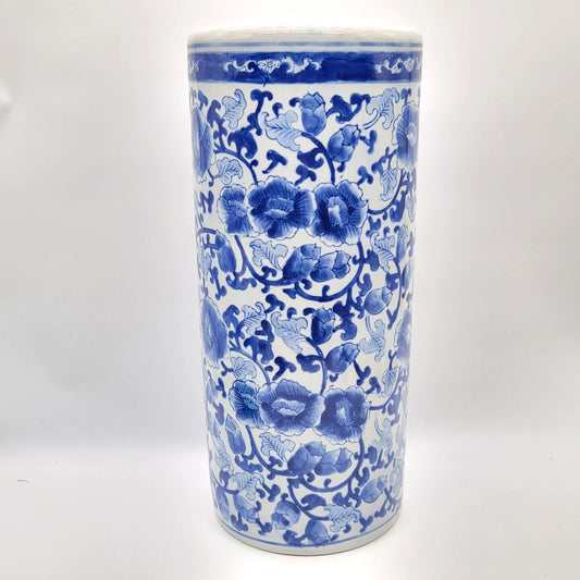 Vintage Chinoiserie Blue and White Porcelain Corner Umbrella Stand