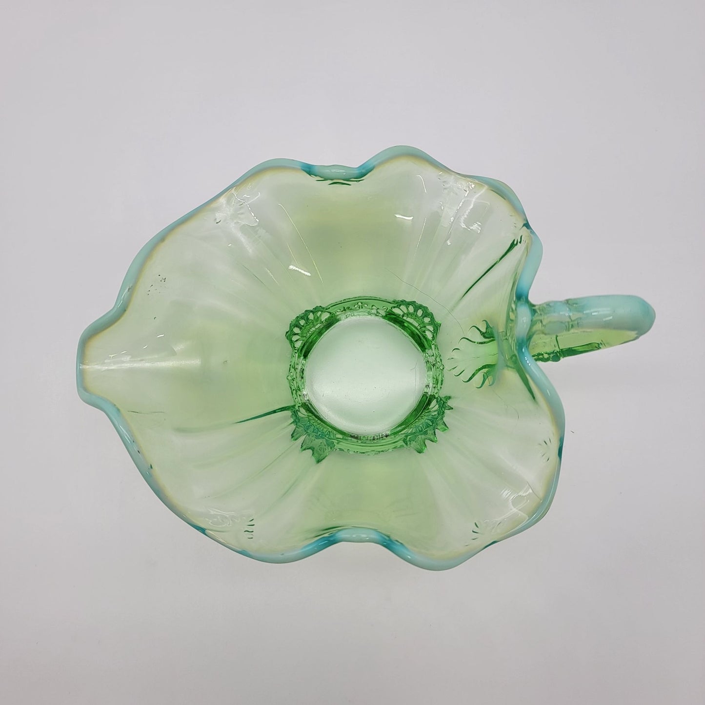 Dugan Green Opalescent Glass Footed Nappy Dish With Handle