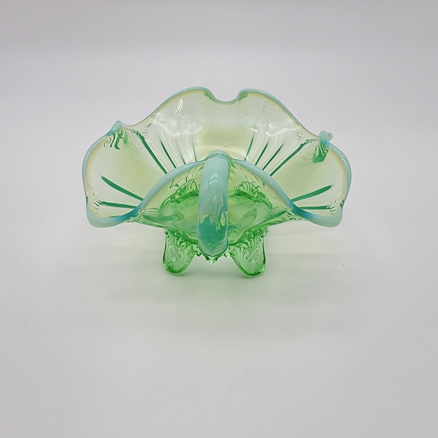 Dugan Green Opalescent Glass Footed Nappy Dish With Handle