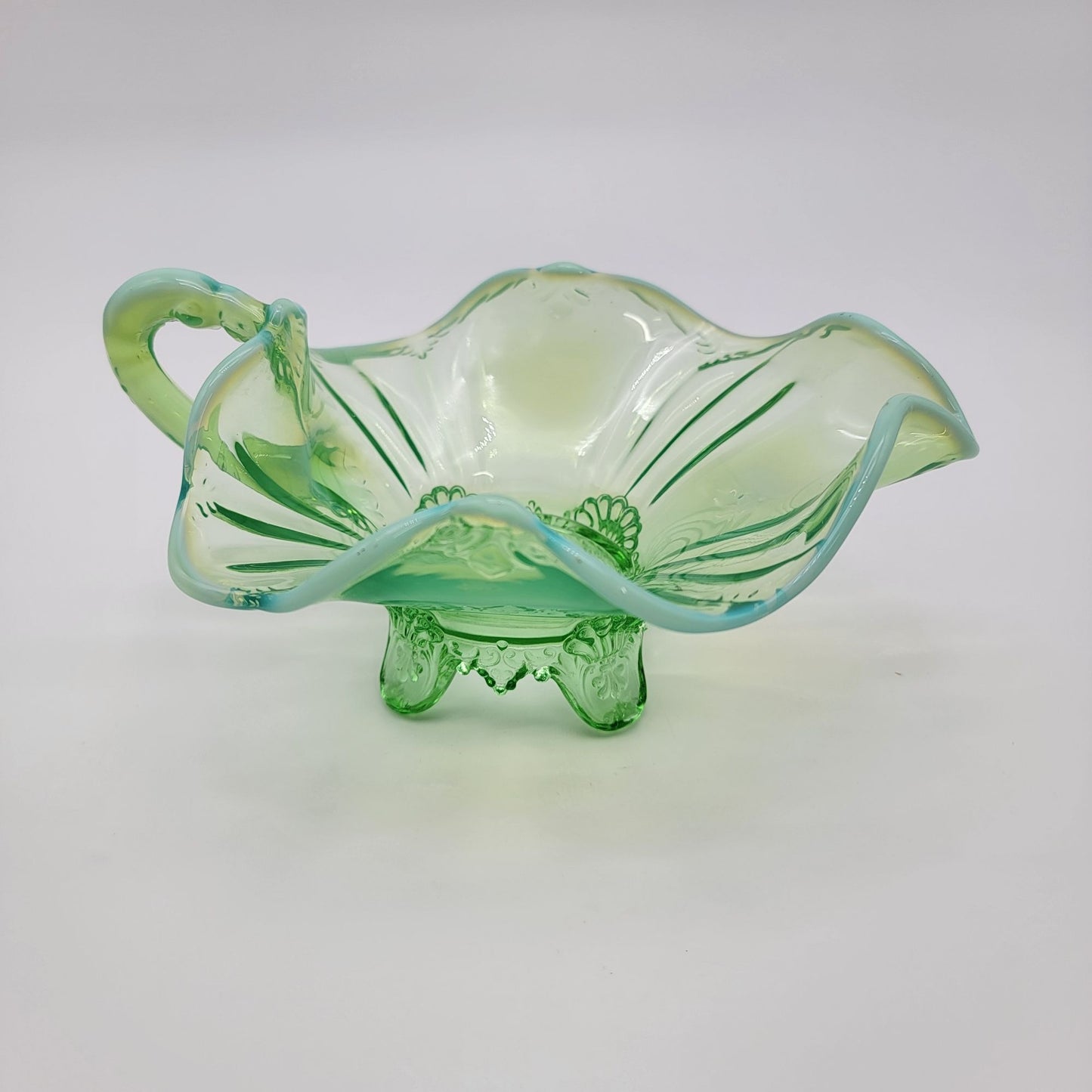 Dugan Green Opalescent Glass Footed Nappy Dish With Handle