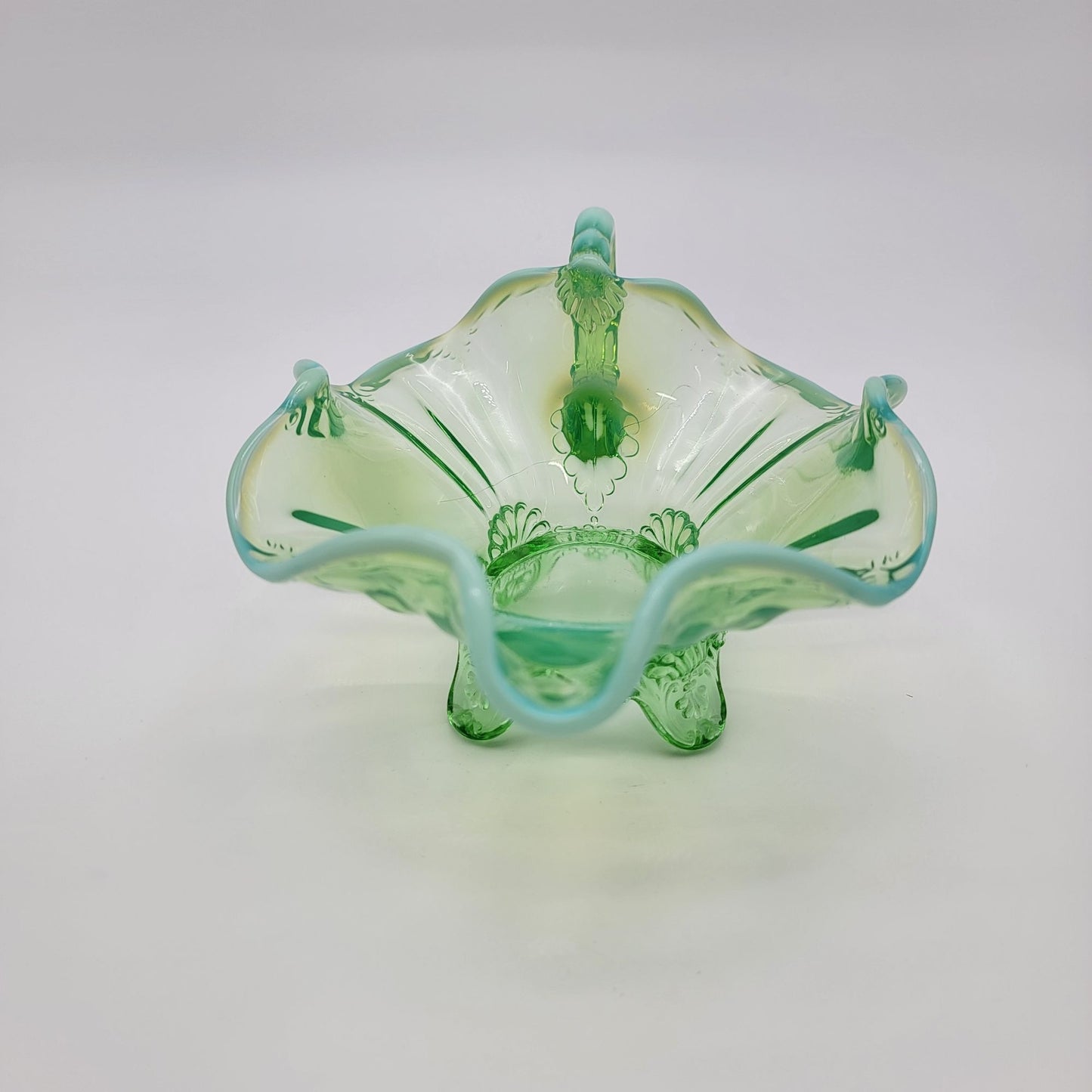 Dugan Green Opalescent Glass Footed Nappy Dish With Handle
