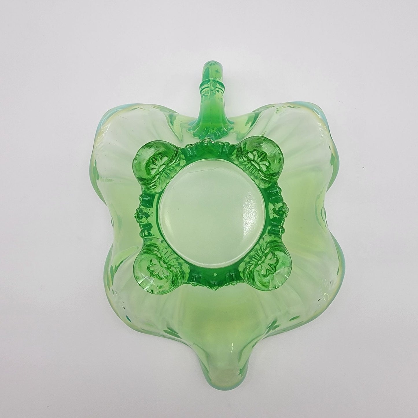 Dugan Green Opalescent Glass Footed Nappy Dish With Handle