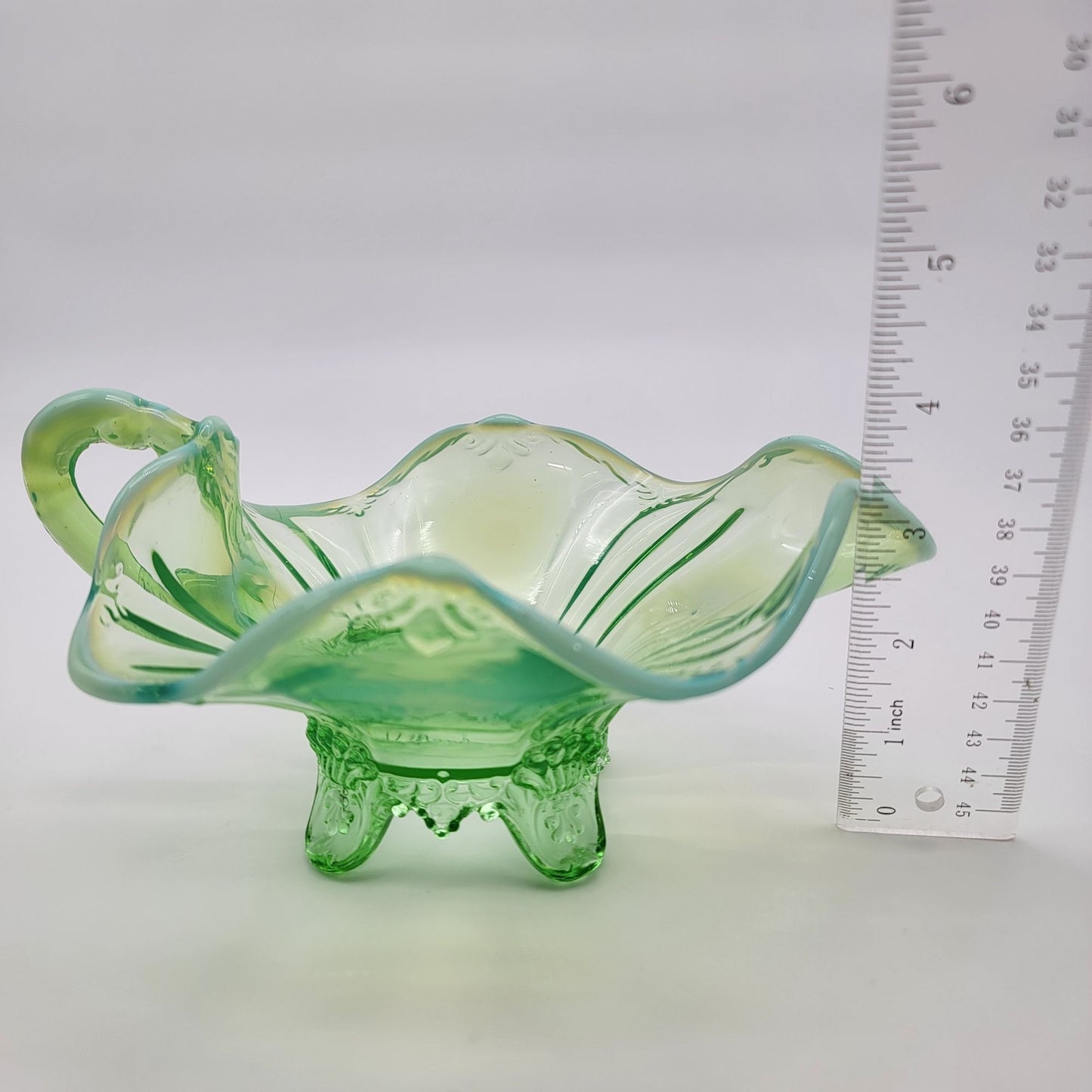 Dugan Green Opalescent Glass Footed Nappy Dish With Handle